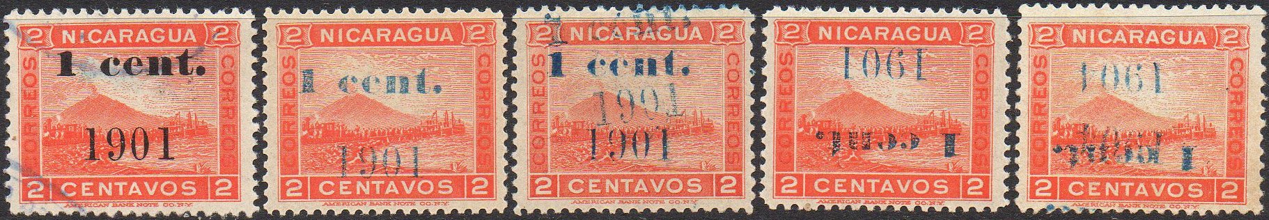 timbres-poste sellos postales stamps Nicaragua Momotombo Volcano & Train 1904 15 centavos surcharge 15c/10c